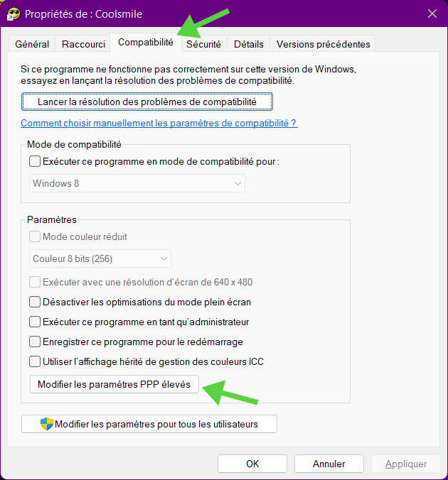 Onglet compatibilité